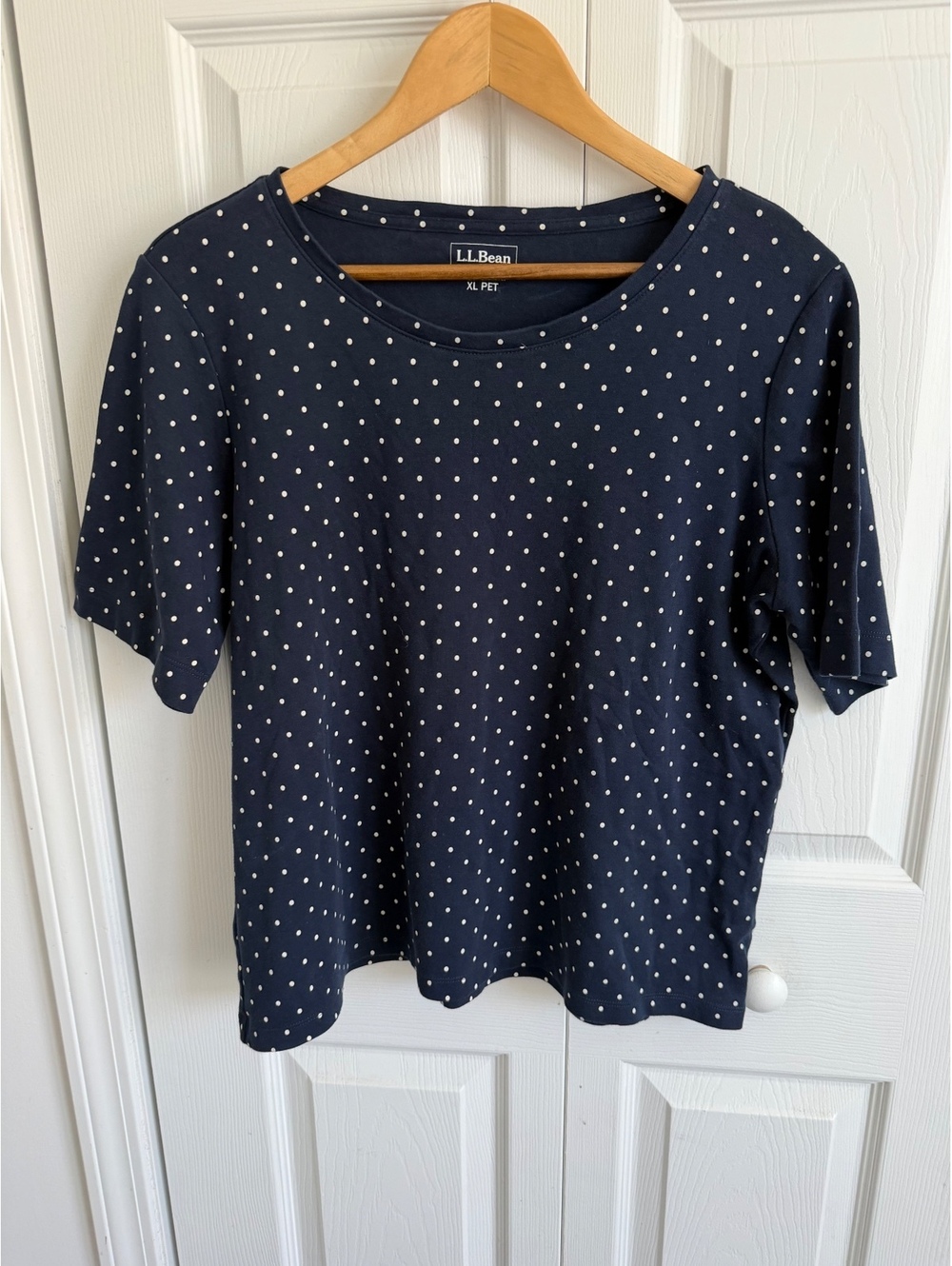 L.L. Bean Women's XL Petite Navy Blue Polka Dot Cotton T-Shirt